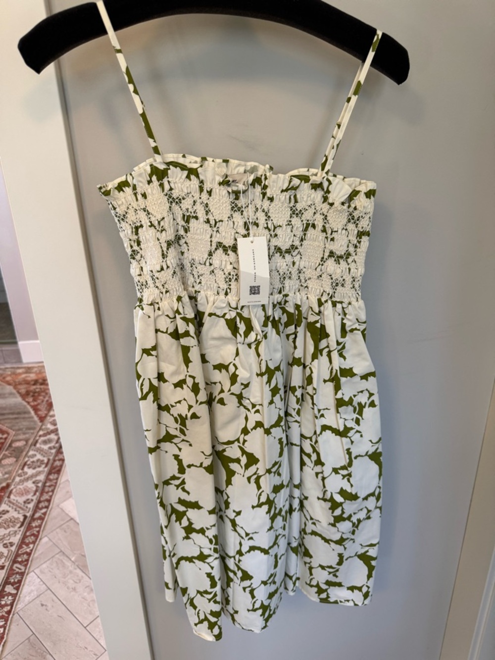 Tory Burch White and Olive Floral Smocked Mini Dress